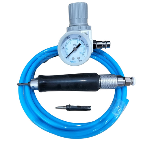 An air tool kit with a blue air hose, a black and silver pneumatic tool, a white pressure gauge, and a small black accessory on for fossil prepration work